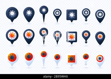 Broche Big Set avec coronavirus dans sept styles et trois couleurs. Elément infographie de l'épidémie de coronavirus 2019-nCoV. Impact du virus Corona COVID-19. Illustration de Vecteur