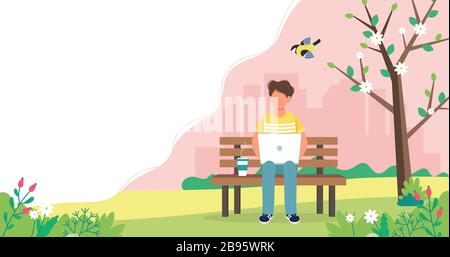 Homme avec ordinateur portable assis sur la paillasse avec café. Illustration vectorielle mignonne et style plat. Illustration de Vecteur