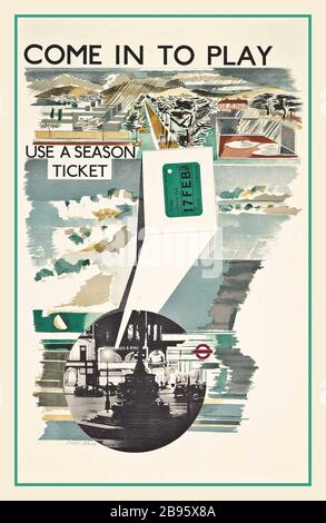 Vintage années 1930 Londres Underground tube train poster publicitaire "COME IN TO PLAY" Piccadilly Circus lithographie en couleur, 1936, imprimé par la Baynard Press, artiste Paul Nash (1889-1946) Banque D'Images