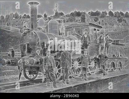 Négatif - Victorian Railways F-classe 2-4-0 Steam Locomotive & Crew on the Turntable, Daylesford, Victoria, 1890, copie d'une photographie en noir et blanc représentant l'une des locomotives à vapeur de type 2-4-0 construites par la fonderie Phoenix, de Ballarat, à la fin des années 1870, Pour une utilisation sur les lignes de branchement de pays ou les lignes de lumière qui ont été construites dans tout le centre de Victoria entre 1873 et 1893. Les moteurs ont été construits en deux lots nos 126-144 (numéros pairs seulement), qui ont été mis en service en 1876-77, réimaginé par Gibon, conception de chaleureux gai lumineux de luminosité et de rayons de lumière radiance. Classe Banque D'Images