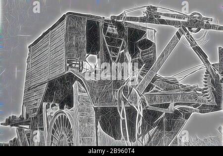 Négatif - Mildura, Victoria, vers 1920, « Big Lizzie » : le plus grand tracteur construit en Australie avant la première Guerre mondiale, avec un moteur à huile Blackstone à cylindre unique de 60 ch 8 tonnes et 215 tr/min. Le tracteur: 34 pi de long x 11 pi, pesant 45 tonnes et capable de transporter une charge utile de 10, 750 gallons d'eau de refroidissement., repensé par Gibon, conception de glanage chaud et gai de la luminosité et des rayons de lumière radiance. L'art classique réinventé avec une touche moderne. La photographie inspirée du futurisme, qui embrasse l'énergie dynamique de la technologie moderne, du mouvement, de la vitesse et révolutionne la culture. Banque D'Images