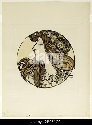 Vitrail pour la façade de la boutique Fouquet Alphonse Mucha (1860-1939). 'Vitrain pour la façade de la boutique Fouquet'. Crayon, pinceau, lavis, aquarelle. Paris, musée Carnavalet. Banque D'Images