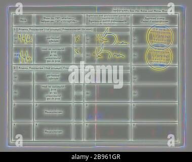 Certificat de vaccination - variole, Jill Myerscough, 1963, certificat international de vaccination contre la variole prescrit par le Règlement sanitaire international et fourni pour achèvement au Royaume-Uni par le Ministère de la Santé, Londres, 1963. Il certifie que Jill Myerscough a été révacciné dans le cadre des procédures de migration internationales standard, et dans le cadre du processus d'application et d'acceptation pour la migration de Myerscough, réimaginé par Gibon, conception de lumière chaude et gaie éclat de lumière et de rayons lumineux. L'art classique réinventé avec une touche moderne. Photograp Banque D'Images