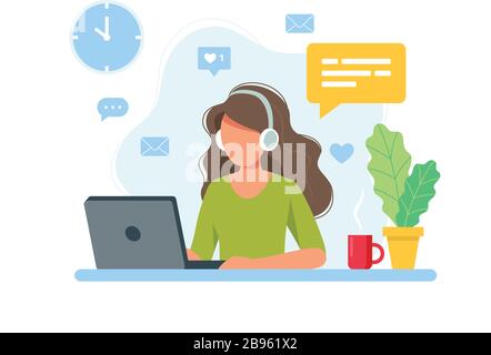 Concept de bureau à domicile, femme travaillant à domicile, étudiant ou indépendant. Illustration vectorielle mignonne et style plat Illustration de Vecteur