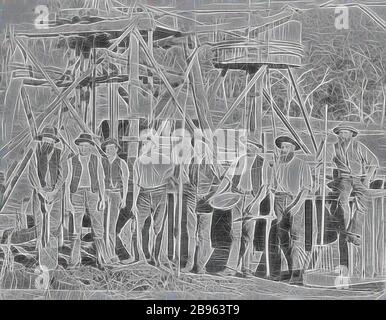 Négatif - mineurs devant la tête de champignon de l'arbre de mine et de la baleine de Horse, Glenpatrick, Victoria, vers 1880, un groupe de mineurs dans une mine. Un wim est à l'arrière-plan., repensé par Gibon, conception de chaud gai gai de luminosité et de rayons de lumière radiance. L'art classique réinventé avec une touche moderne. La photographie inspirée du futurisme, qui embrasse l'énergie dynamique de la technologie moderne, du mouvement, de la vitesse et révolutionne la culture. Banque D'Images