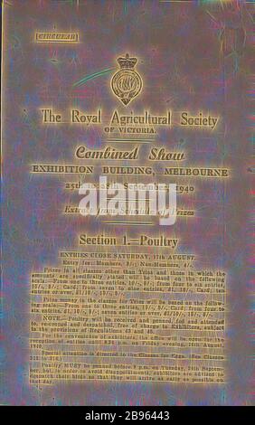 Brochure - salon combiné, Poultry, Royal Agricultural Society of Victoria Show, 25-28 septembre 1940, brochure publiée par la Royal Agricultural Society of Victoria, décrivant le calendrier des prix pour les expositions de volaille au salon combiné 1940, qui a eu lieu aux bâtiments d'exposition de Melbourne, 25-28 septembre. Pendant la Seconde Guerre mondiale, les Melbourne Showgrounds ont été réquisitionnés par la RAAF No 1 Aeronautical Engineering School du ministère de la Défense, de sorte que des lieux alternatifs pour le combiné annuel, réimaginé par Gibon, conception de chaleureux et lumineux joyeux de la luminosité et des rayons de lumière radiance. Art classique r Banque D'Images