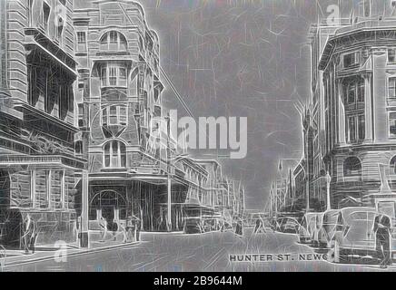 Négatif - Newcastle, Nouvelle-Galles du Sud, vers 1935, automobiles et bâtiments de Hunter Street., repensé par Gibon, design de gai gai chaleureux de luminosité et de rayons de lumière radiance. L'art classique réinventé avec une touche moderne. La photographie inspirée du futurisme, qui embrasse l'énergie dynamique de la technologie moderne, du mouvement, de la vitesse et révolutionne la culture. Banque D'Images