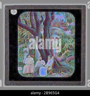Diapositive lanterne - Almond Tree à Kuruman, vie et œuvre du Dr David Livingstone, vers 1900, diapositive lanterne représentant Mary Livingstone (née Moffat), Robert Moffat et Mary Moffat sous l'amandier dans leur jardin à la station de mission Kuruman. Il fait partie d'un ensemble incomplet de 40 diapositives, dont deux sont manquantes, illustrant les points forts de la vie et des voyages de Livingstone. Ces diapositives ont été fabriquées par la London Stereoscopic & Photographic Company pour la London Missionary Society, repensée par Gibon, conception de lumière chaleureuse et gaie, de la luminosité et de rayons de lumière radiance. Art classique réinventé Banque D'Images