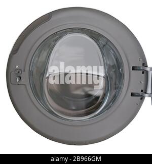 Lave-linge rond porte ouverte isolée sur fond blanc Banque D'Images