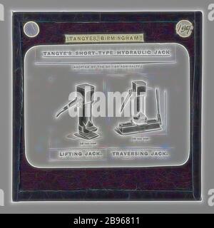 Diapositive lanterne - Tangyes Ltd, jacks de levage, vers 1910, une des 239 diapositives lanternes en verre représentant des produits fabriqués par les ingénieurs de Tangyes Limited de Birmingham, Angleterre. Les images comprennent divers produits tels que les moteurs, les pompes centrifuges, les pompes hydrauliques, les producteurs de gaz, les machines d'essai de matériaux, les presses, les machines-outils, les vérins hydrauliques, etc. Tangyes était une entreprise qui a exploité de 1857 à 1957. Ils ont produit une grande variété d'ingénierie, réimaginé par Gibon, conception de chaleureux gai lumineux et lumineux rayonnant de la luminosité et de rayons de lumière. L'art classique réinventé avec une touche moderne. Photographie i Banque D'Images