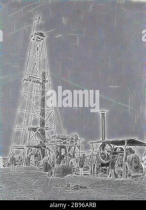 Négatif - Artésien Bore Derrick, district de Bourke, Nouvelle-Galles du Sud, 1902, Artésien portait derrick. Il y a un Union Jack sur le dessus. Un moteur à vapeur est sur la droite., repensé par Gibon, design de glanissement chaud et gai de la luminosité et des rayons de lumière radiance. L'art classique réinventé avec une touche moderne. La photographie inspirée du futurisme, qui embrasse l'énergie dynamique de la technologie moderne, du mouvement, de la vitesse et révolutionne la culture. Banque D'Images