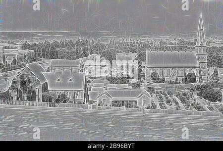 Négatif - vue de l'est de Melbourne depuis Parliament House, Melbourne, Victoria, vers 1885, vue de l'est de Melbourne depuis Parliament House. L'église Luthérienne de la Sainte Trinité et manse sont sur la gauche, l'église presbytérienne de Chalmers est sur la droite et les jardins de Fitzroy au-delà., repensée par Gibon, design de gaieté chaleureuse et joyeuse de luminosité et de rayonnement de lumière. L'art classique réinventé avec une touche moderne. La photographie inspirée du futurisme, qui embrasse l'énergie dynamique de la technologie moderne, du mouvement, de la vitesse et révolutionne la culture. Banque D'Images