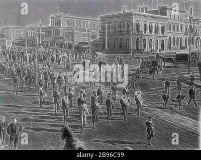 Négatif - les scouts de mer défilent à travers Ballarat sur leur chemin vers Melbourne, Victoria, vers 1912, les scouts de mer défilent à travers une intersection centrale à Ballarat sur leur chemin vers Melbourne. Deux et trois bâtiments en briques bordent les rues et le bâtiment de la banque ANZ est au coin de la rue en arrière-plan. De nombreux véhicules à cheval, des personnes à vélo et des piétons sont dans la scène animée, beaucoup accompagnant les garçons de marche. Un groupe de cuivres mène la marche sur les lignes de tramway ou de train positionnées, réinventées par Gibon, conception de chaleureux gai lumineux et rayonnant de lumière. Art classique Banque D'Images