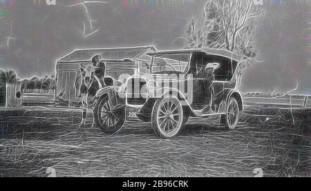 Négatif - Dooen North, Victoria, avant 1930, UN jeune garçon qui monte un taureau (nommé 'Baldy') à côté d'une voiture. Un petit garçon se tient sur le plateau de course et un homme est assis dans le siège passager. Repensé par Gibon, design de gai gai chaleureux de luminosité et de rayonnement de lumière. L'art classique réinventé avec une touche moderne. La photographie inspirée du futurisme, qui embrasse l'énergie dynamique de la technologie moderne, du mouvement, de la vitesse et révolutionne la culture. Banque D'Images