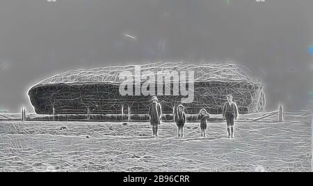 Négatif - Dooen North, Victoria, avant 1930, quatre enfants se tenant devant une haystack qui a une protection de souris en fer ondulé., repensé par Gibon, conception de glanissement chaud et gai de la luminosité et des rayons de lumière radiance. L'art classique réinventé avec une touche moderne. La photographie inspirée du futurisme, qui embrasse l'énergie dynamique de la technologie moderne, du mouvement, de la vitesse et révolutionne la culture. Banque D'Images