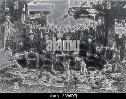 Négatif - le district de Ballarat, Victoria, vers 1898, cinq hommes et leurs chiens avec leurs prises. Un avis lit '159 lires par jour'., repensé par Gibon, design de gaie chaleureuse de luminosité et de rayons de lumière radiance. L'art classique réinventé avec une touche moderne. La photographie inspirée du futurisme, qui embrasse l'énergie dynamique de la technologie moderne, du mouvement, de la vitesse et révolutionne la culture. Banque D'Images