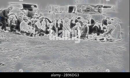 Négatif - John John John, Victoria, 1927, un groupe de gens pique-niquer. Il y a trois voitures garées derrière le groupe, repensée par Gibon, design de gai chaleureux de luminosité et de rayons de lumière radiance. L'art classique réinventé avec une touche moderne. La photographie inspirée du futurisme, qui embrasse l'énergie dynamique de la technologie moderne, du mouvement, de la vitesse et révolutionne la culture. Banque D'Images