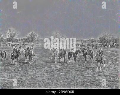 Négatif - Rainbow, Victoria, vers 1910, un groupe d'hommes à cheval au Rainbow Show., repensé par Gibon, design de gaie chaleureuse de luminosité et de rayons de lumière radiance. L'art classique réinventé avec une touche moderne. La photographie inspirée du futurisme, qui embrasse l'énergie dynamique de la technologie moderne, du mouvement, de la vitesse et révolutionne la culture. Banque D'Images