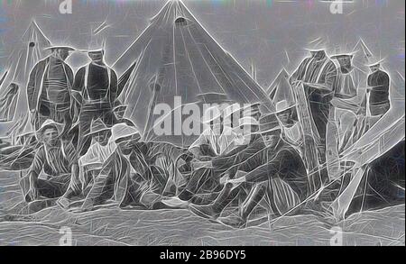 Négatif - les soldats se détendant devant Tent, Broadmeadows Army Camp, Victoria, première Guerre mondiale, 1915, les soldats assis devant des tentes au camp de l'Armée de Broadmeadows, la plupart portent des chapeaux blancs à large bord, repensés par Gibon, le design d'un brillant chaleureux et joyeux de la luminosité et des rayons de lumière. L'art classique réinventé avec une touche moderne. La photographie inspirée du futurisme, qui embrasse l'énergie dynamique de la technologie moderne, du mouvement, de la vitesse et révolutionne la culture. Banque D'Images