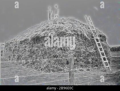 Négatif - Prooinga, Victoria, vers 1935, enfants au-dessus de la haystack. Il y a une barrière de fil barbelé au premier plan, repensée par Gibon, design de gaie chaleureuse de luminosité et de rayons de lumière radiance. L'art classique réinventé avec une touche moderne. La photographie inspirée du futurisme, qui embrasse l'énergie dynamique de la technologie moderne, du mouvement, de la vitesse et révolutionne la culture. Banque D'Images