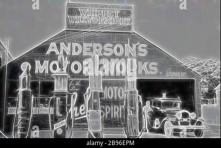 Négatif - Newcastle, Nouvelle-Galles du Sud, 1926, Anderson's Motor Works and Service Station. Il y a des annonces pour 'Whippet Willys Knight', 'Shell Motor Spirit' et 'Plume' essence., repensé par Gibon, design de gai gai chaud de luminosité et de rayons de lumière radiance. L'art classique réinventé avec une touche moderne. La photographie inspirée du futurisme, qui embrasse l'énergie dynamique de la technologie moderne, du mouvement, de la vitesse et révolutionne la culture. Banque D'Images