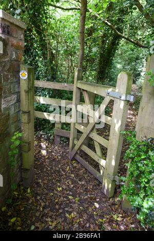 Étouffer le sentier de la rue Shropshire au Royaume-Uni avec des panneaux indiquant la direction et demandant le contrôle des chiens. Banque D'Images