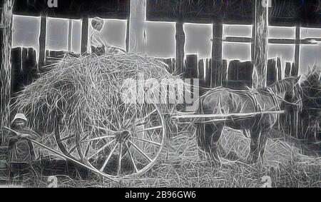 Négatif - Bairnsdale District, Victoria, vers 1915, UN garçon en haut d'une charge de foin en wagon. Un deuxième enfant se tient derrière le wagon, repensé par Gibon, design de glanissement chaleureux et gai de la luminosité et des rayons de lumière radiance. L'art classique réinventé avec une touche moderne. La photographie inspirée du futurisme, qui embrasse l'énergie dynamique de la technologie moderne, du mouvement, de la vitesse et révolutionne la culture. Banque D'Images