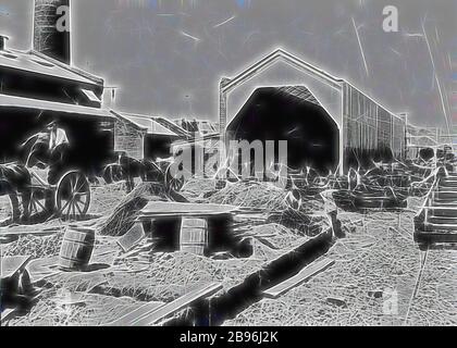 Négatif - Geelong, Victoria, vers 1920, travaux de construction dans les hangars de tram. Il y a des chevaux et des charrettes sur la gauche et des lignes de chemin de fer sur la droite., repensé par Gibon, design de gai gai chaleureux de luminosité et de rayons de lumière radiance. L'art classique réinventé avec une touche moderne. La photographie inspirée du futurisme, qui embrasse l'énergie dynamique de la technologie moderne, du mouvement, de la vitesse et révolutionne la culture. Banque D'Images