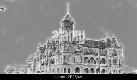 Négatif - Palais du café sur l'ozone, Warrnambool, Victoria, vers 1925, Palais du café sur l'ozone, réinventé par Gibon, design de glouage chaleureux de luminosité et de rayonnement des rayons lumineux. L'art classique réinventé avec une touche moderne. La photographie inspirée du futurisme, qui embrasse l'énergie dynamique de la technologie moderne, du mouvement, de la vitesse et révolutionne la culture. Banque D'Images