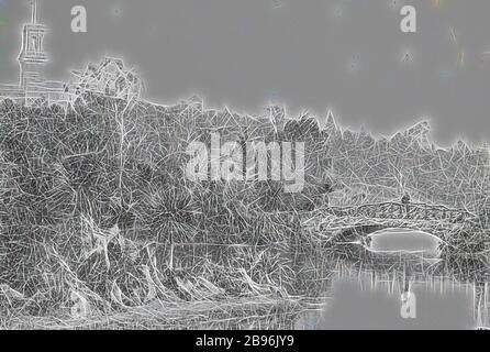 Négatif - Melbourne, Victoria, vers 1885, un pont dans les jardins botaniques de Melbourne avec Government House sur la gauche., repensé par Gibon, design de gai gai chaleureux de luminosité et de rayons de lumière radiance. L'art classique réinventé avec une touche moderne. La photographie inspirée du futurisme, qui embrasse l'énergie dynamique de la technologie moderne, du mouvement, de la vitesse et révolutionne la culture. Banque D'Images
