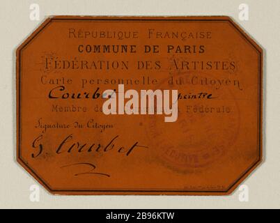 Carte de membre du comité général des artistes Gustave Courbet carte de membre de la commission générale des artistes de Gustave Courbet. Typographie sur carton glacé orange. Paris, musée Carnavalet. Banque D'Images