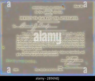 Avis - Commissaire adjoint aux pensions à Mme A. J. Kemp, demande de participation à l'audience sur les pensions, 30 novembre 1917, demande à Annie Kemp, veuve de Pte Albert Edward Kemp, Qui a été tué en action en 1917 pendant la première Guerre mondiale, assister à une audience sur la pension de sa veuve à Elizabeth Street le vendredi 30 novembre 1917., réimaginé par Gibon, conception de chaleureux gai lumineux et radiance de rayons de lumière. L'art classique réinventé avec une touche moderne. Photographie inspirée par le futurisme, embrassant l'énergie dynamique de la technologie moderne, le mouvement, la vitesse et révolutionnez la culture. Banque D'Images