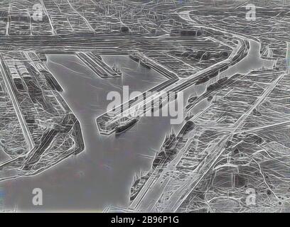 Photo - vue aérienne de Victoria Dock, West Melbourne, Victoria, 1920-1939, photo noire et blanche représentant une vue aérienne de Victoria Dock, 1920-1939. Il s'agit d'une collection de quinze photographies en noir et blanc montrant des passagers et des cargaisons dans les eaux australiennes dans les années 1920 et 1930. Repensée par Gibon, design de glanissement chaleureux et gai de la luminosité et des rayons de lumière radiance. L'art classique réinventé avec une touche moderne. La photographie inspirée du futurisme, qui embrasse l'énergie dynamique de la technologie moderne, du mouvement, de la vitesse et révolutionne la culture. Banque D'Images