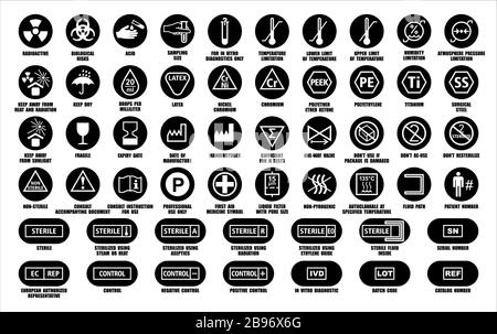 Ensemble complet de symboles d'emballage d'appareils médicaux avec informations d'avertissement. Médicaments paquet noir rond icônes isolées sur blanc. Normes internationales I Illustration de Vecteur