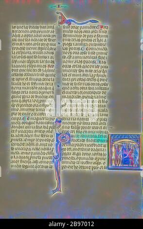 Initiale Q: Un juge et un procureur avec trois hommes, inconnu, Michael Lupi de Çandiu (espagnol, actif Pampelune, Espagne 1297 - 1305), Nord-est de l'Espagne, environ 1290 - 1310, couleurs de Tempera, feuille d'or, et encre sur parchemin, feuille: 36,5 x 24 cm (14 3/8 x 9 7/16 in.), repensée par Gibon, conception de la gaie chaleureuse de luminosité et de rayons de lumière radiance. L'art classique réinventé avec une touche moderne. La photographie inspirée du futurisme, qui embrasse l'énergie dynamique de la technologie moderne, du mouvement, de la vitesse et révolutionne la culture. Banque D'Images