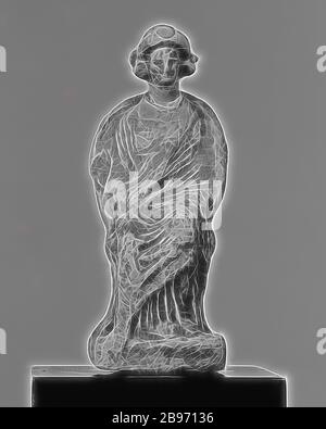 Statuette d'une figure féminine assise, inconnue, Italie du Sud, 3ème siècle avant J.-C., terre cuite, 16,3 cm (6 7/16 po.), réinventée par Gibon, conception d'un brillant chaleureux de luminosité et de rayons de lumière radiance. L'art classique réinventé avec une touche moderne. La photographie inspirée du futurisme, qui embrasse l'énergie dynamique de la technologie moderne, du mouvement, de la vitesse et révolutionne la culture. Banque D'Images