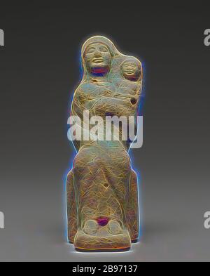 Statuette d'une figure féminine assise avec un enfant, inconnu, Gela, Sicile, Italie, 5ième siècle avant J.-C., terre cuite, 11 × 3,8 × 6 cm (4 5/16 × 1 1/2 × 2 3/8 in.), repensée par Gibon, conception de glanissement chaud et gai de luminosité et de rayons de lumière radiance. L'art classique réinventé avec une touche moderne. La photographie inspirée du futurisme, qui embrasse l'énergie dynamique de la technologie moderne, du mouvement, de la vitesse et révolutionne la culture. Banque D'Images