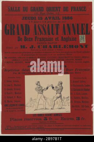 HALL DU GRAND EST DE LA FRANCE, GRAND ASSAUT ANNUEL BOXING MOD. ANONYME ROUGE. 'Le Grand Orient de France, grand assaut annuel de boxe (modèle rouge)'. Lithographie/typographie, -1886. Paris, musée Carnavalet. Banque D'Images