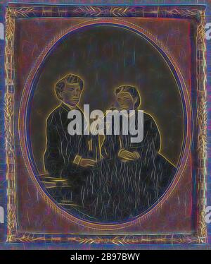 Portrait d'un jeune homme assis et d'une jeune femme assise, fabricant inconnu, américain, 1860, Tintype, 7 × 5,6 cm (2 3/4 × 2 3/16 in.), repensé par Gibon, design de glanissement chaleureux et joyeux de la luminosité et des rayons de lumière radiance. L'art classique réinventé avec une touche moderne. La photographie inspirée du futurisme, qui embrasse l'énergie dynamique de la technologie moderne, du mouvement, de la vitesse et révolutionne la culture. Banque D'Images