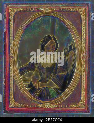 Portrait d'une jeune femme assise dans la chaise en osier HighBack, attribuée à S. Lenox, vers 1855, Ambrotype, repensée par Gibon, design de gai gai chaud de luminosité et de rayons de lumière radiance. L'art classique réinventé avec une touche moderne. La photographie inspirée du futurisme, qui embrasse l'énergie dynamique de la technologie moderne, du mouvement, de la vitesse et révolutionne la culture. Banque D'Images