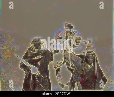 Hommes avec une femme qui monte mule, Inconnu, vers 1860–1880, imprimé arbutien teinté argent, 9,4 × 11,7 cm (3 11/16 × 4 5/8 in.), repensé par Gibon, design de gaie chaleureuse de luminosité et de rayons de lumière radiance. L'art classique réinventé avec une touche moderne. La photographie inspirée du futurisme, qui embrasse l'énergie dynamique de la technologie moderne, du mouvement, de la vitesse et révolutionne la culture. Banque D'Images