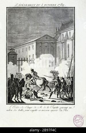 AVEC MR CAMP LA FAYETTE PASSANT LE MILIEU DU BALLON POUR TERMINER SA MISSION AU ROI '5ème événement de 5 octobre 1789 : l'aide de camp de Monsieur de la Fayette passant au milieu des ballons pour remplier sa mission auprès du Roi'. Paris, musée Carnavalet. Banque D'Images