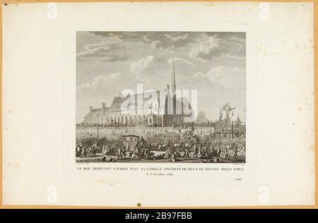 Arrivée de la famille royale à Paris, le 6 octobre 1789, et escorte à la maison une foule près du monastère et de l'abbaye des Cathares, actuelle avenue New York, 16ème arrondissement. 31ème table Tables historiques de la Révolution française Monsieur, Jean-Louis. 'Arrivée de la famille royale à Paris, le 6 octobre 1789, escorte et accueil d'une poule aux abords du couvent et de l'abbaye des Bonshommes, actuel avenue de New York, 16ème arrondissement. 31ème tableau des tableaux historiques de la Révolution française (1791-1817)'. en 1789-1789. Paris, musée Carnavalet. Banque D'Images