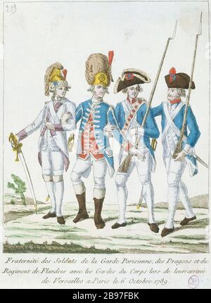 FRÈRES DE SOLDATS GARDE PARIS, DRAGONS ET FLANDERS REGIMENT AVEC GARDES COPRS À L'ARRIVÉE DE VERSAILLES PARIS, le 6 octobre 1789 'Fraternité des soldats de la Garde Parisienne, Des dragons et du régiment de Flandres avec les gardes du corps décors de leur arrivée de Versailles à Paris le 6 octobre 1789'. Paris, musée Carnavalet. Banque D'Images