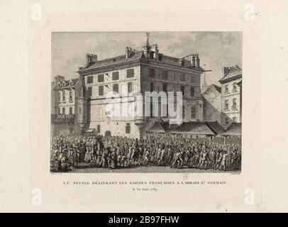 Le peuple livrant les gardes français détenus en prison (maintenant détruits) de l'Abbaye Saint-Germain, 30 juin 1789 Pierre-Gabriel Berthault (1737-1831) / Jean-Louis Prieur (1759-1795). 'Le peuple français dès la prison (aujourd'hui détruite) de l'abbaye Saint-Germain, le 30 juin 1789'. Eau-forte. 1802. Paris, musée Carnavalet. Banque D'Images