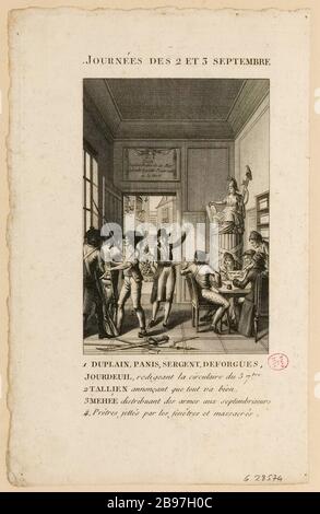 Thermidor Cartoon sur les massacres de septembre 1792. Circulaire Marat (3 septembre) approuvée par Duplain, Panis, Sergent, Deforgues, Jourdeuil Tallien, Mehee. Révolution française. (TF) Banque D'Images