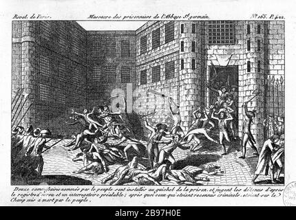 RÉVOLUTIONS À PARIS - MASSACRE DES PRISONNIERS DE l'ABBAYE SAINT-GERMAIN évolutions de Paris : Massacre des prisonniers de l'Abbaye Saint-Germain (douze commisires snomades par le pluple... numéro 165, page 422. Paris, musée Carnavalet. Banque D'Images