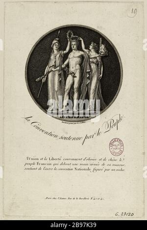 Allégorie de Thermidor la Convention. Le peuple français couronné par l'Union et l'égalité. Révolution française. Louis-Jean Allais (1762-1833). Allégorie thermidorienne sur la Convention. Le peuple français couronné par l'Union et l'égalité. Réserve française. eau-forte au pointillé. Musée Carnavalet, Histoire de Paris. Banque D'Images