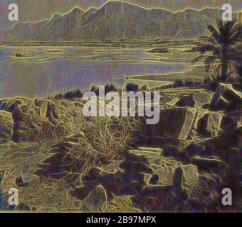 Rock pile près du corps de l'eau, palmier à droite, Francis Frith (Anglais, 1822 - 1898), 1856–1857, Albumen argent imprimé, repensé par Gibon, design de gaie chaleureuse de luminosité et rayons de lumière radiance. L'art classique réinventé avec une touche moderne. La photographie inspirée du futurisme, qui embrasse l'énergie dynamique de la technologie moderne, du mouvement, de la vitesse et révolutionne la culture. Banque D'Images