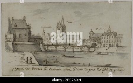 VUE DU DESSUS DU SOL NOTRE DAME DE BRIDGE ISLE ET FRAPPER 'vue de dessus le terrain notre-Dame du pont de l'Ile et grève'. Dessin anonyme. Paris, musée Carnavalet. Banque D'Images